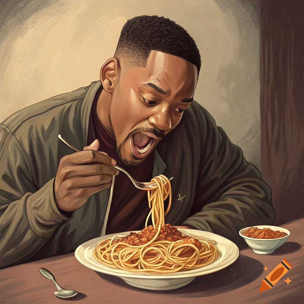 Illustration of Will Smith eagerly eating a large plate of spaghetti.