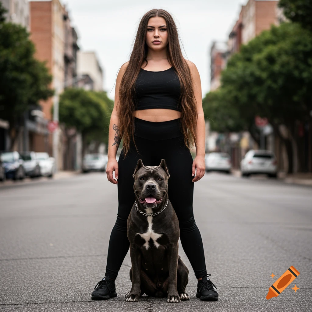 Woman with long hair stands with a Cane Corso dog in the middle of a street.