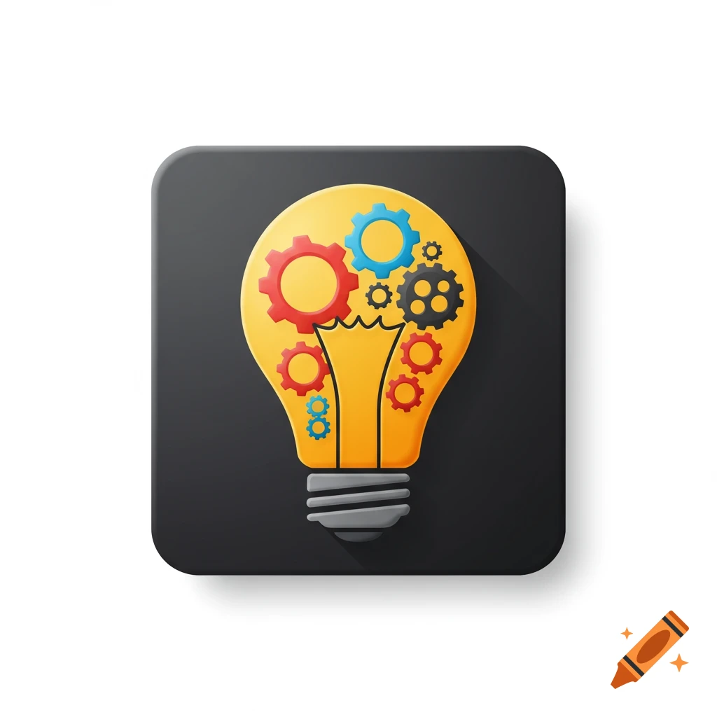 Icon of a lightbulb with colorful gears inside
