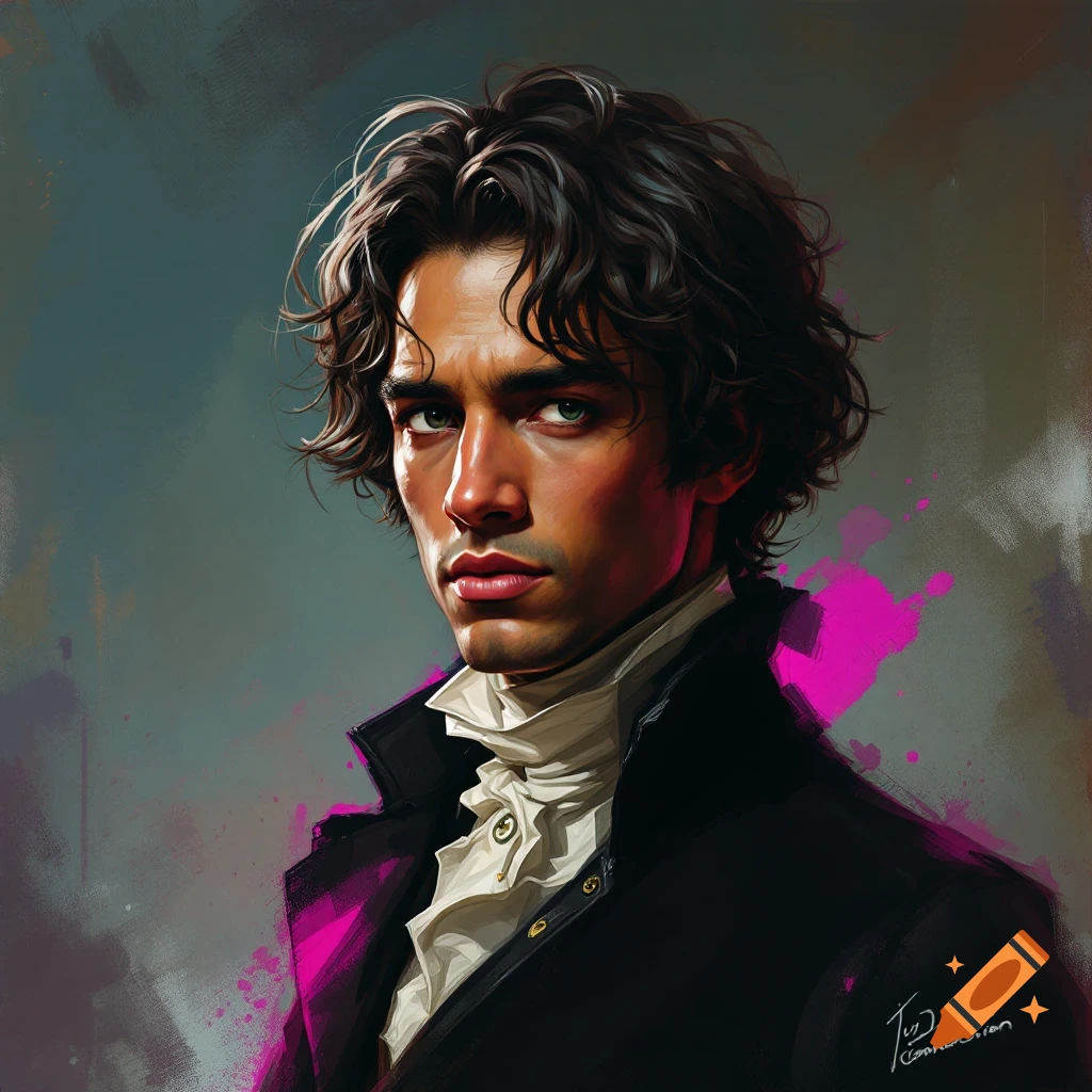 Portrait of a man with dark curly hair in a ruffled shirt and dark jacket.