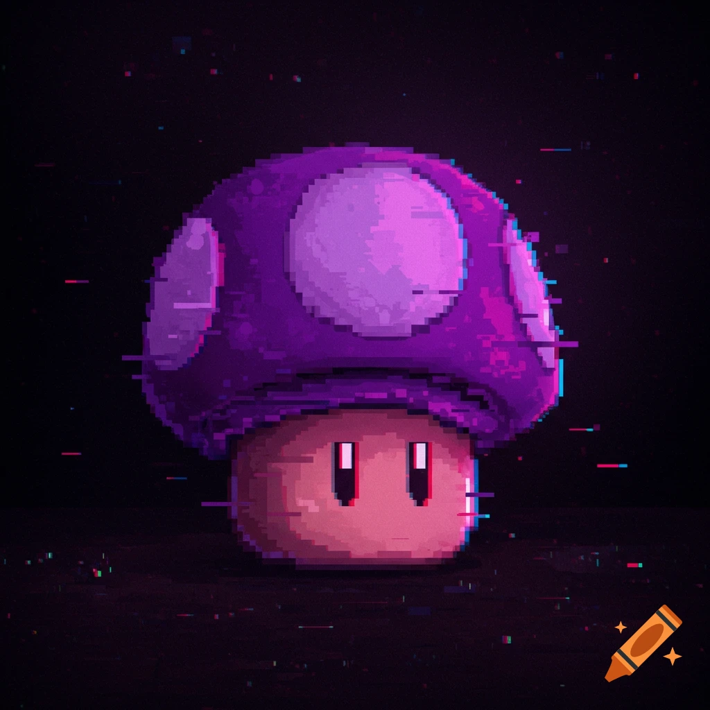 Pixel art of a purple mushroom with glitch effects against a dark background.