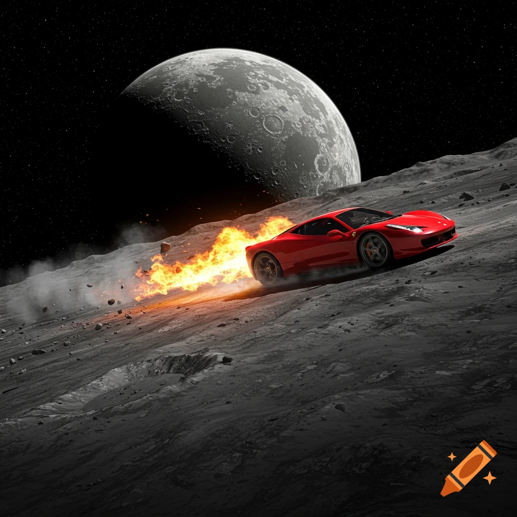 A red supercar with fire coming from the exhaust races across the surface of the moon under a large moon and starry sky.