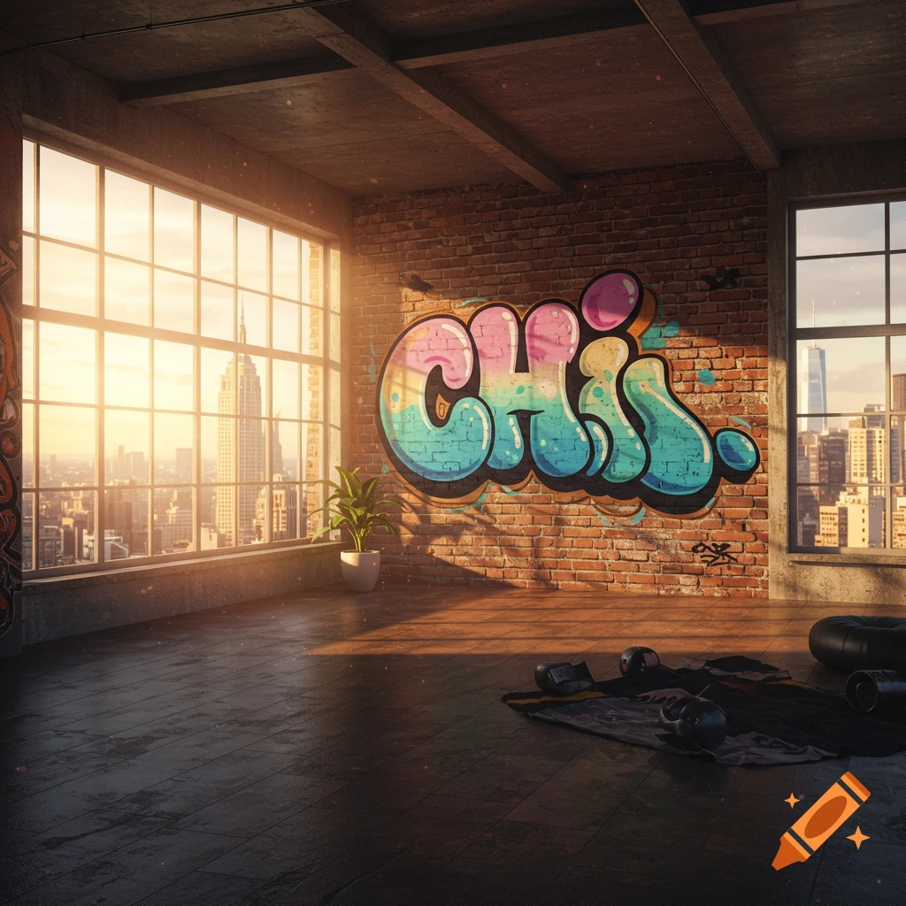 a room with sunset city view, large window, graffiti on brick wall, and exercise equipment.