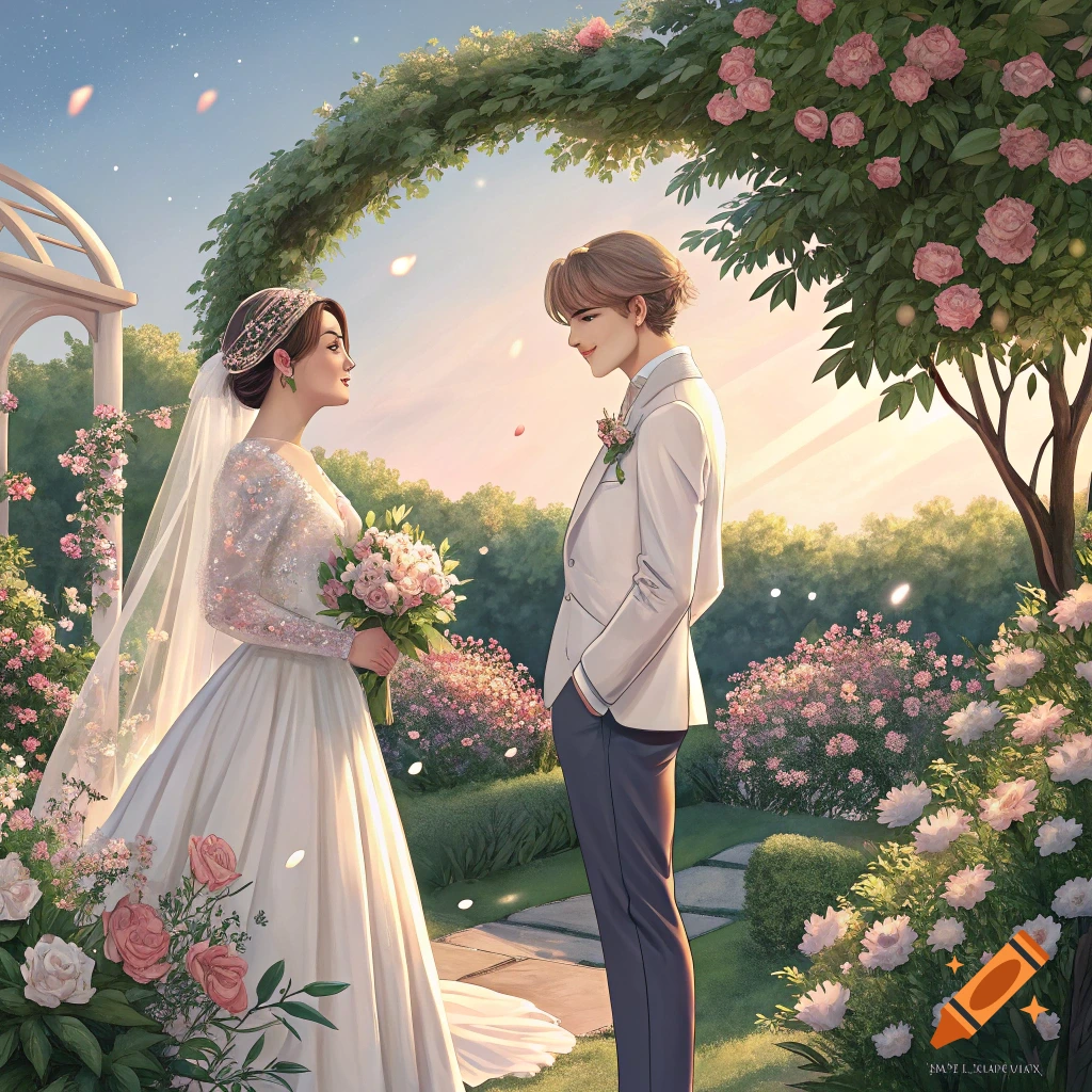 An illustration of a wedding couple looking at each other under a floral arch in a sunny garden.
