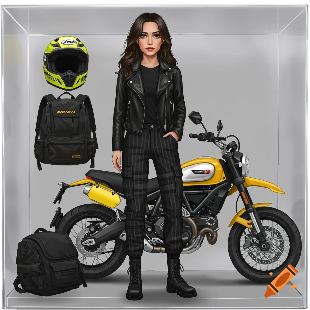 A woman in a leather jacket and cargo pants stands next to a yellow motorcycle, helmet, and backpacks inside a clear box.