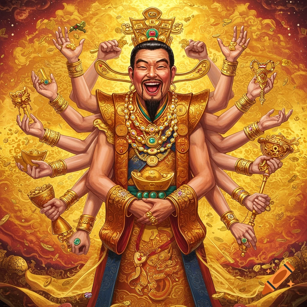 A smiling person with multiple arms holds gold and treasure against a golden background.