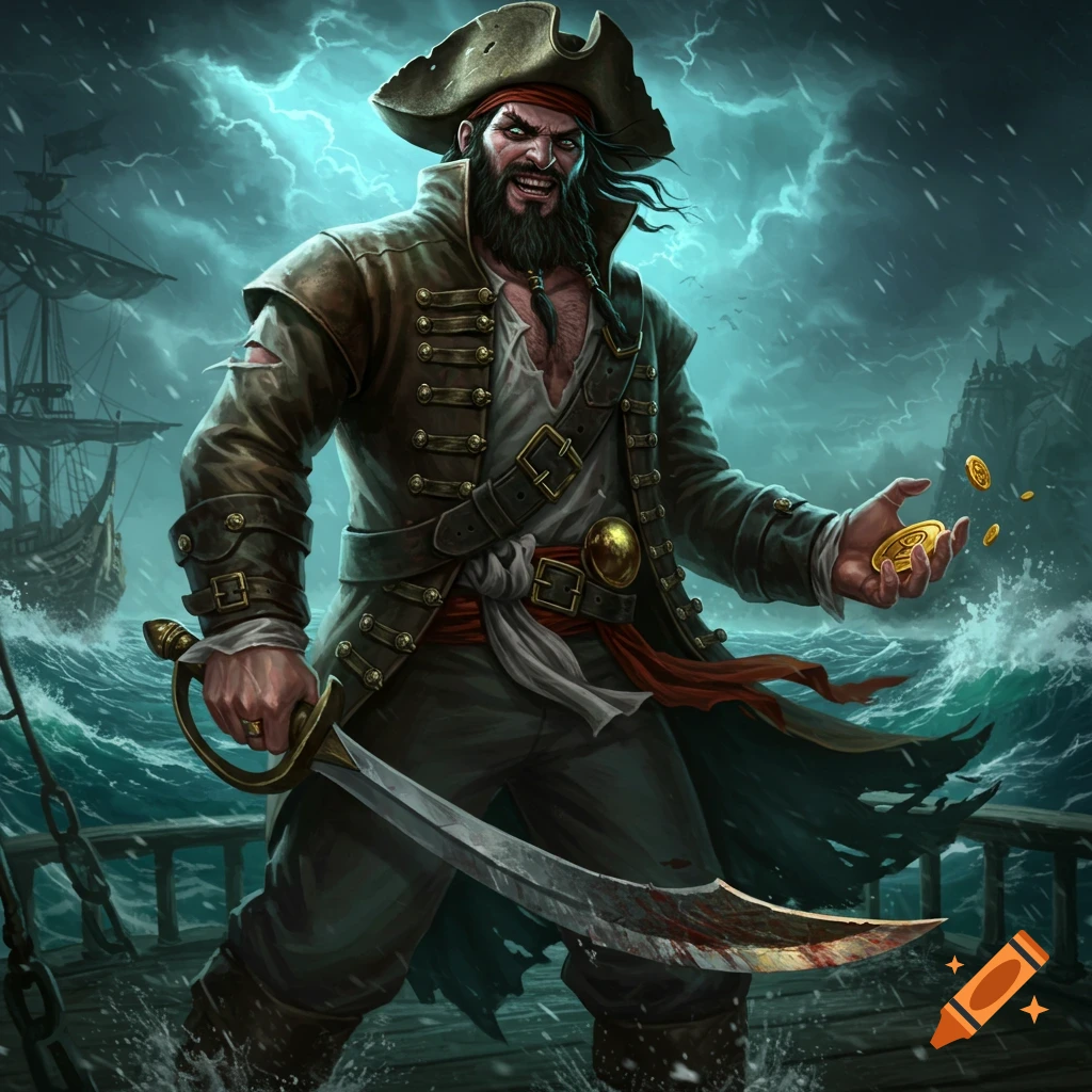 A fierce pirate holds coins on a stormy ship deck.