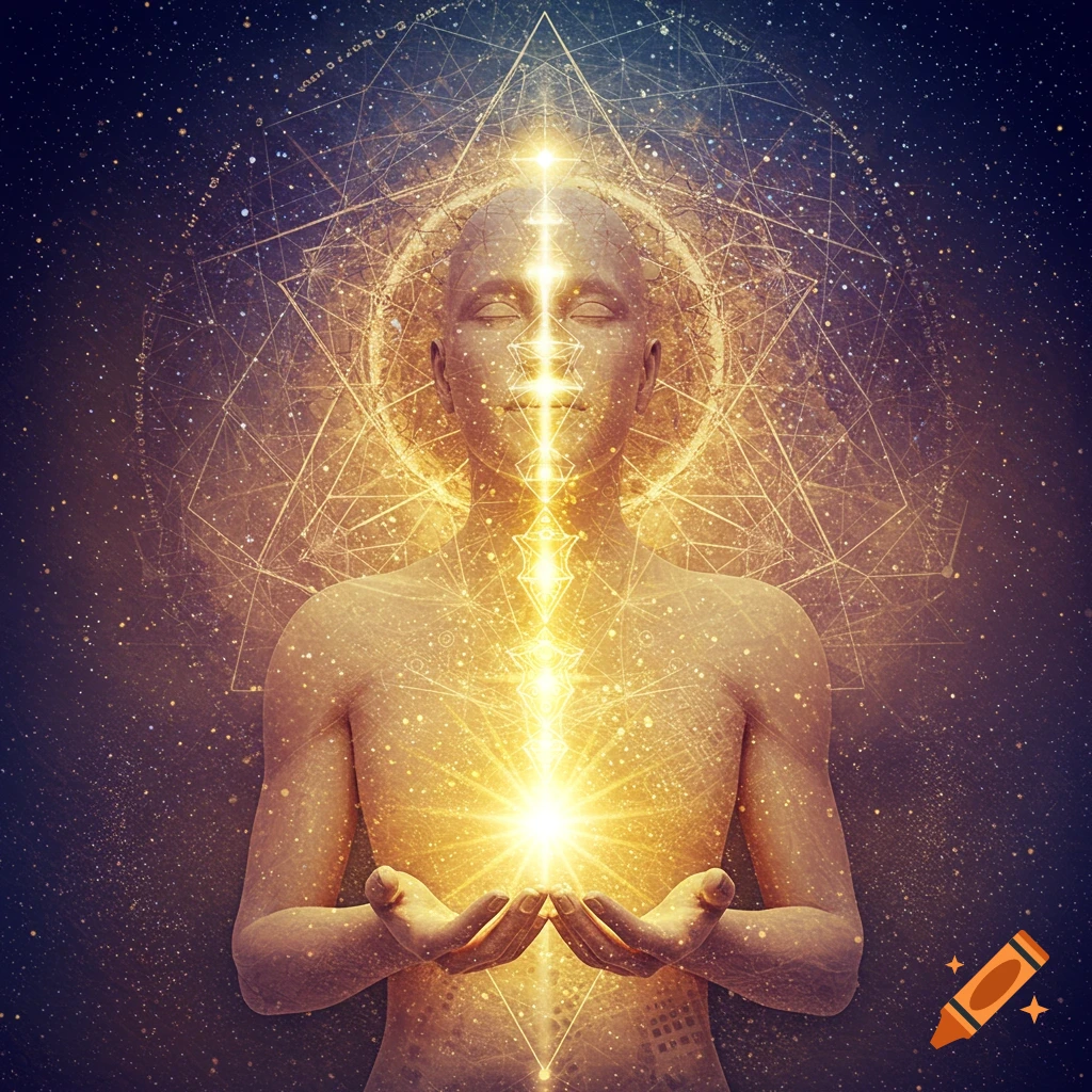 A person meditating with golden light flowing through them and cosmic geometric patterns.
