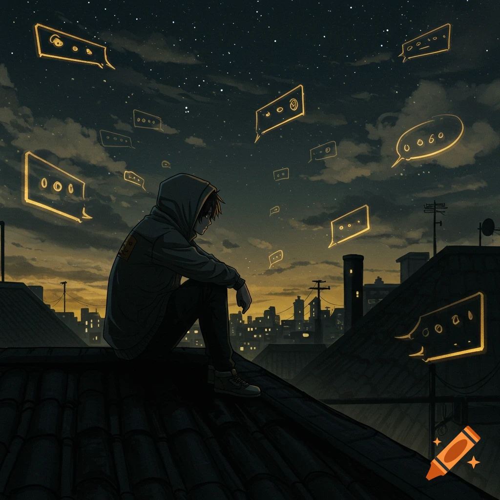A young man in a hoodie sits on a rooftop at night, looking at glowing speech bubbles with symbols floating above a city skyline. Anime style digital art.