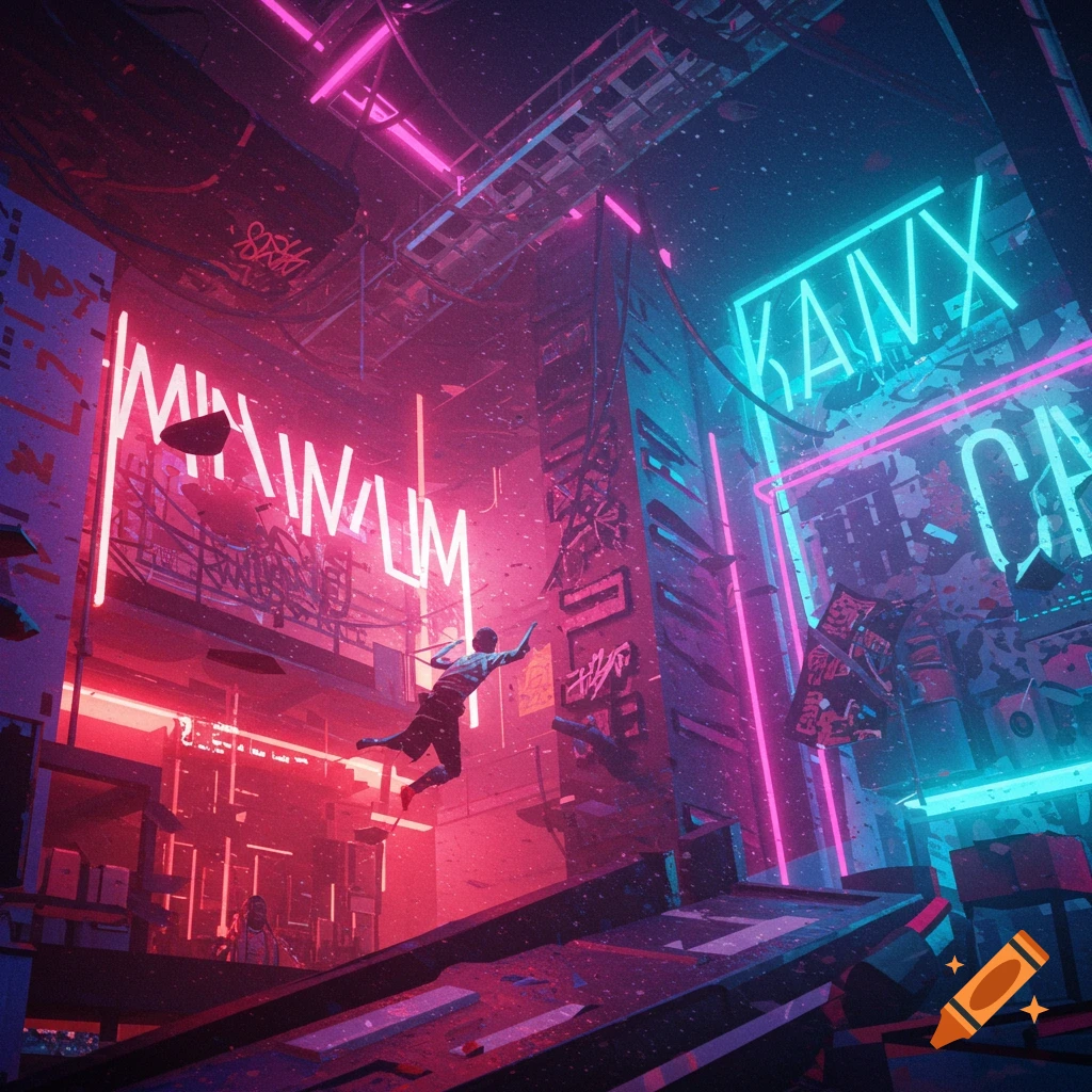 A figure leaps across a dark, neon-lit cyberpunk city street.
