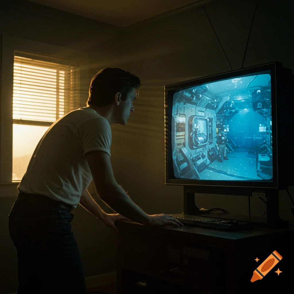 Man watches a large TV screen showing an underwater base scene, sunlight streams through the window.