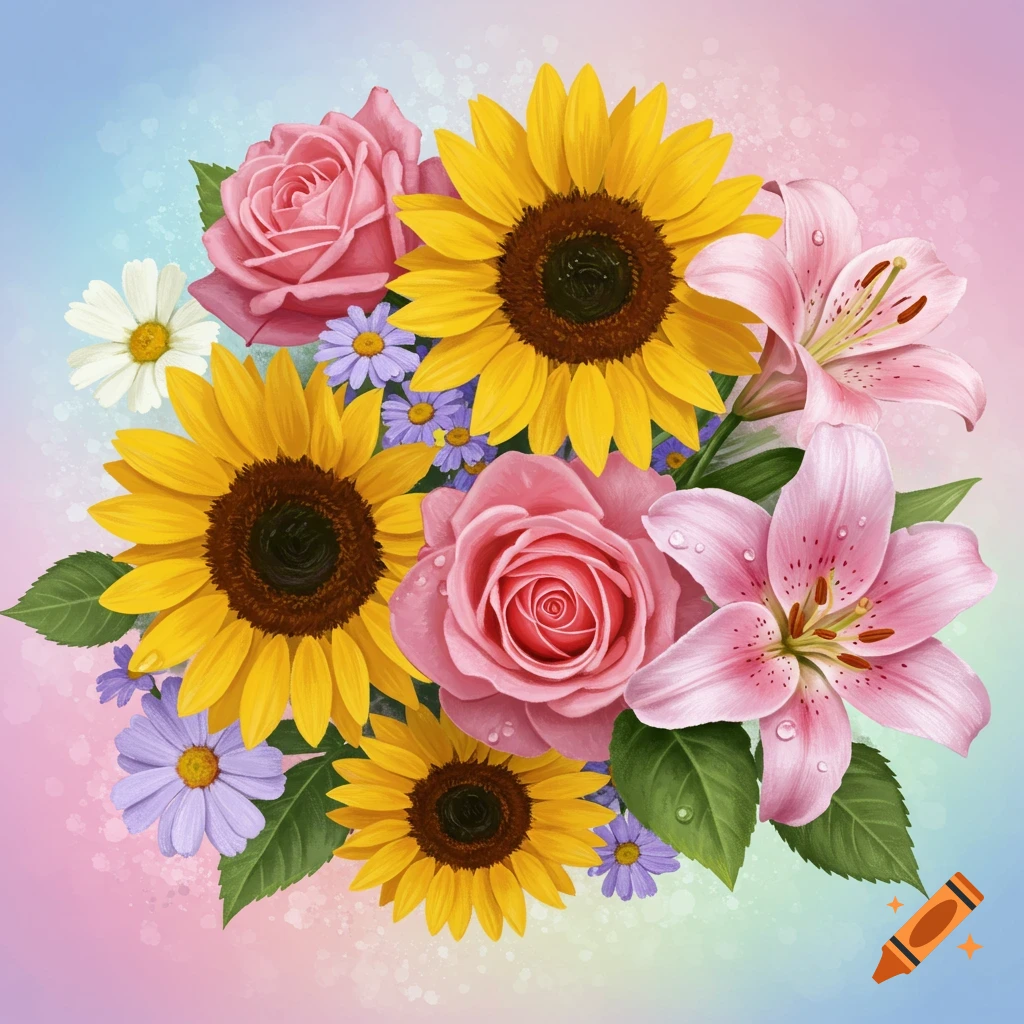 A colorful bouquet of sunflowers, pink roses, and lilies.