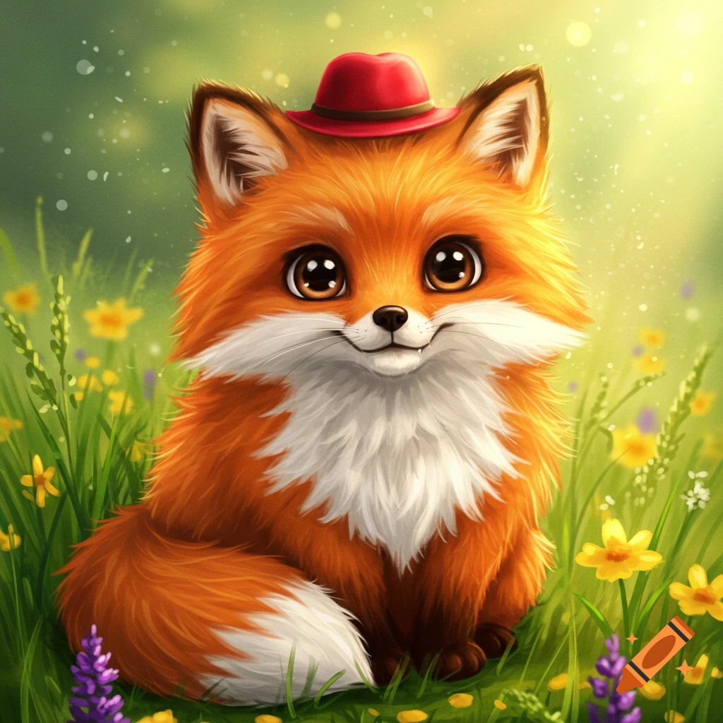 A cute fox wearing a red hat sits in a field of flowers.