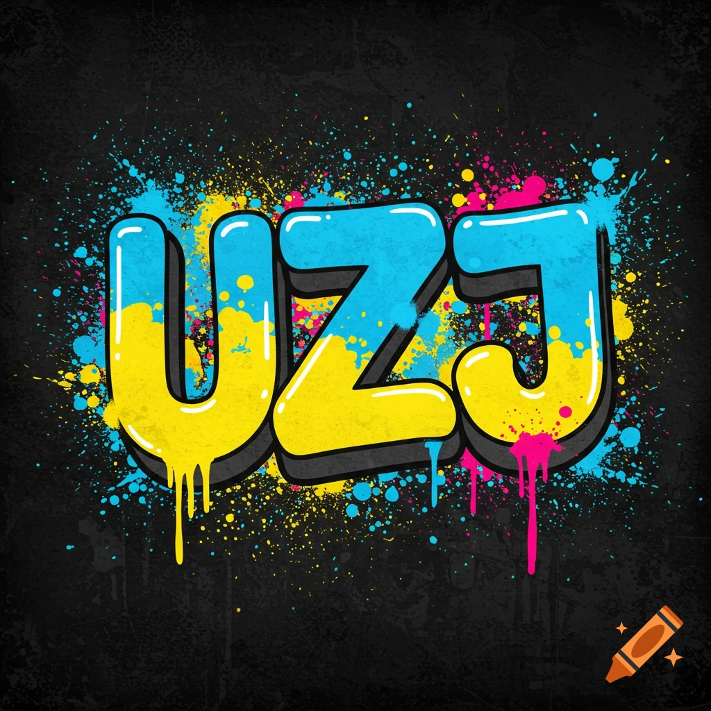 Stylized text UZJ in blue and yellow with paint splatters and drips on a dark background