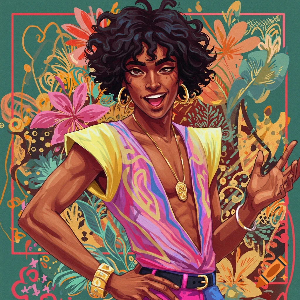 A vibrant portrait of a person with curly hair in a colorful outfit and jewelry, against a stylized floral background.