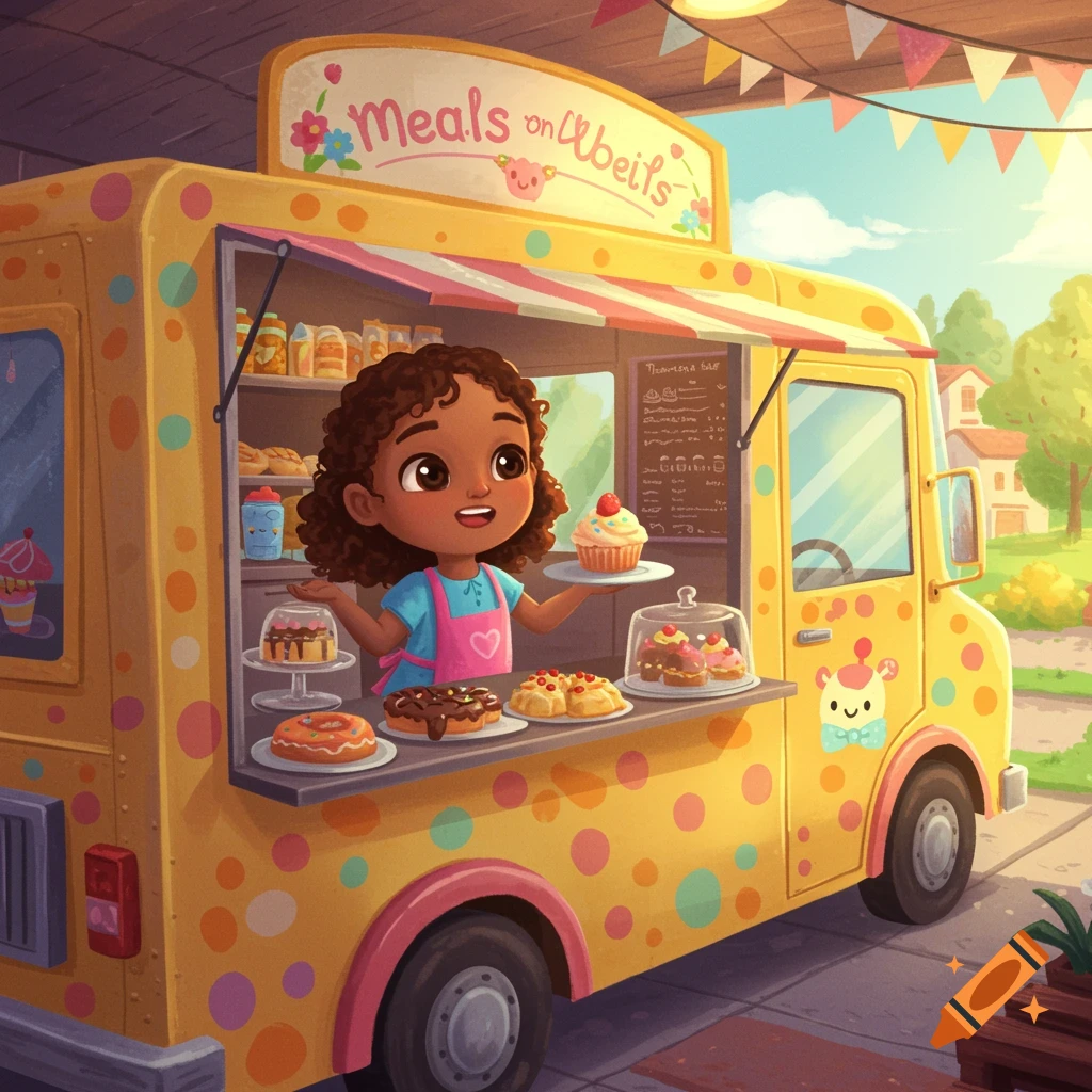 A cute cartoon girl stands at a yellow food truck displaying pastries, holding up a cupcake.