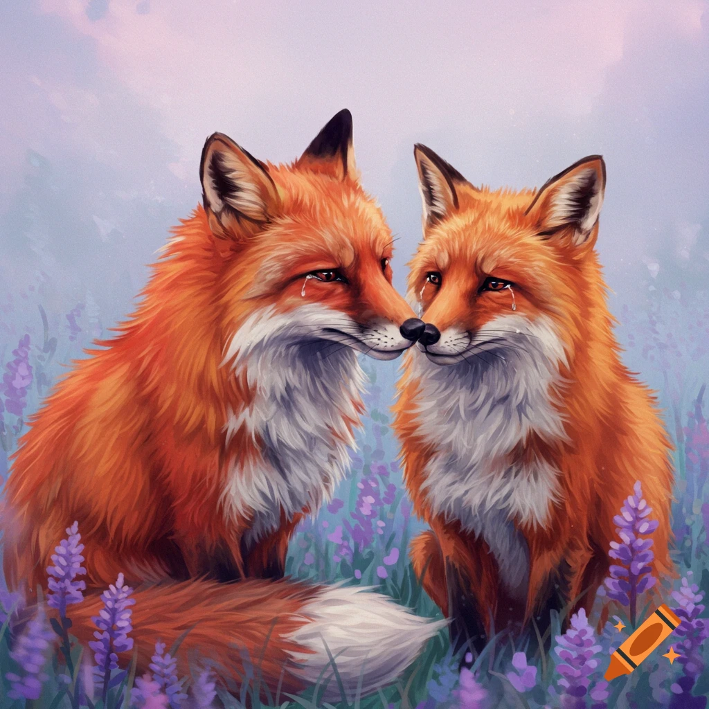 Two crying red foxes sitting close in a field of purple flowers