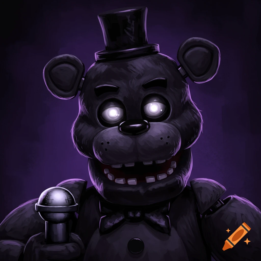 A dark animatronic bear with glowing eyes, top hat, and microphone