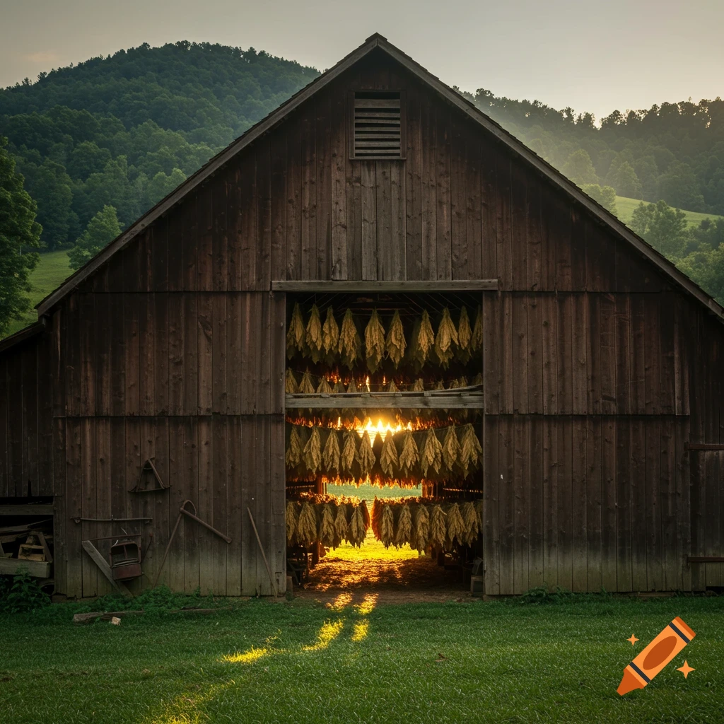A wooden barn with tobacco leaves hanging inside, illuminated by the setting sun.