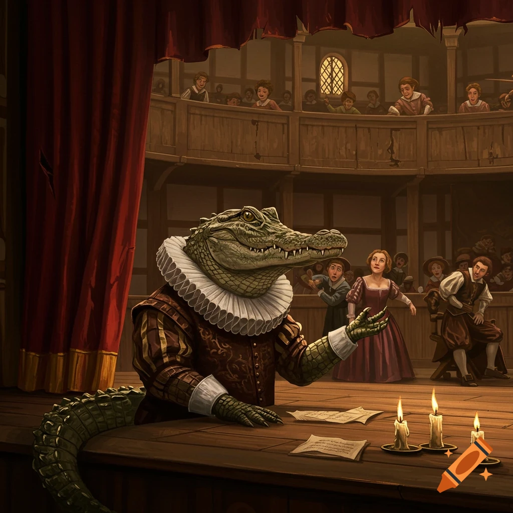 An alligator actor in a ruff collar practices lines on stage in a Globe-style theatre.