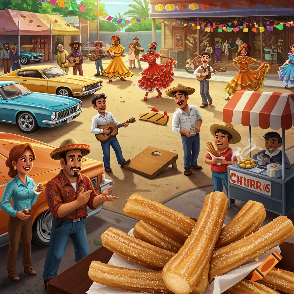 A lively outdoor festival with dancing, music, cars, and a churro stand.