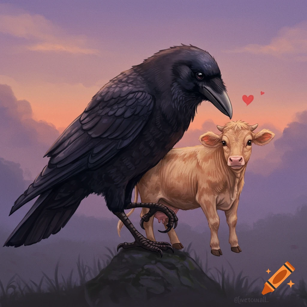 A crow and a cow are perched on a rock with hearts and a sunset sky in the background.