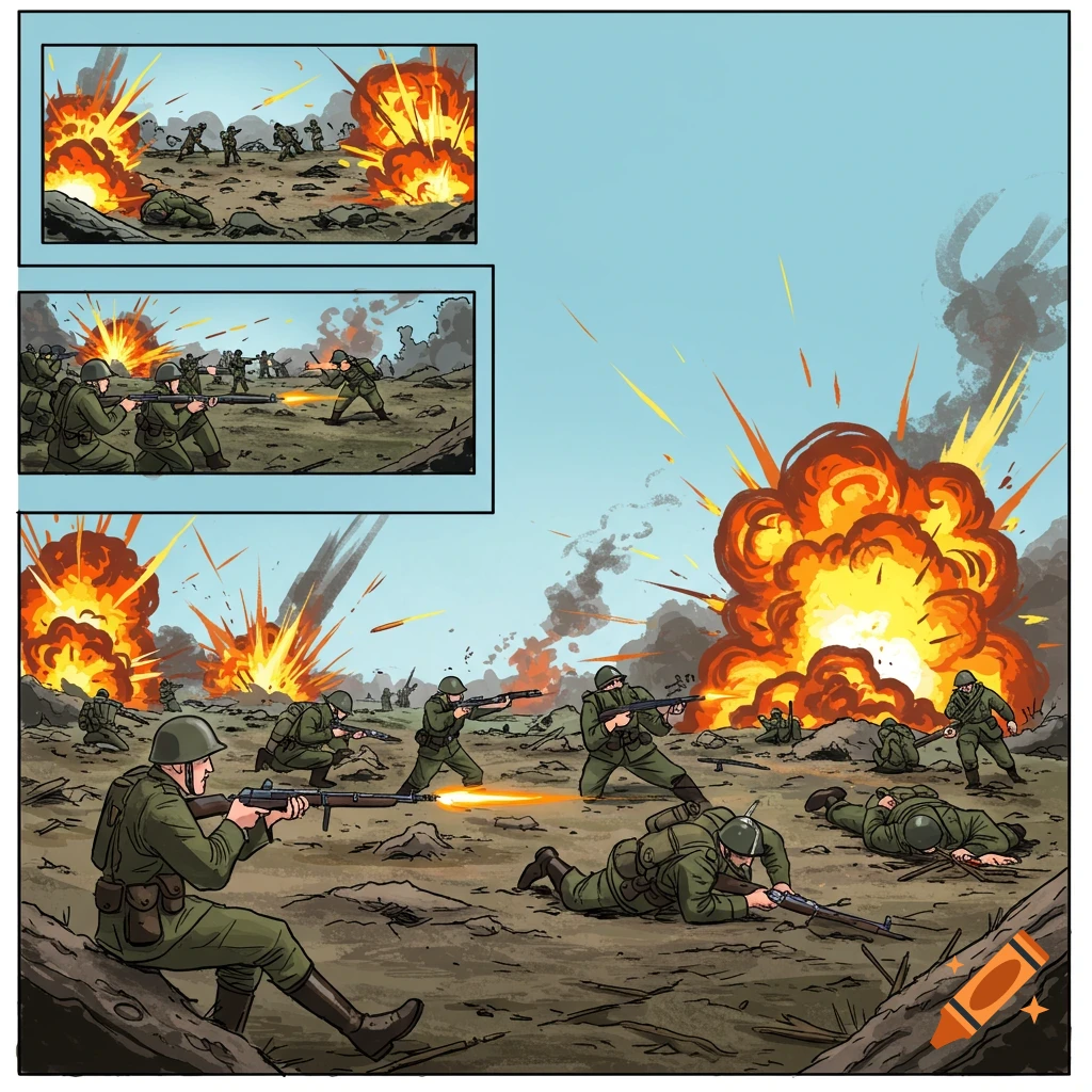 Comic book style panels show soldiers fighting in a battlefield with explosions under a light blue sky.
