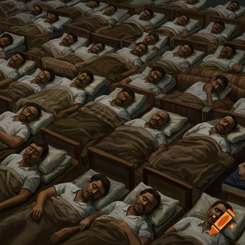 Many men sleeping in beds.