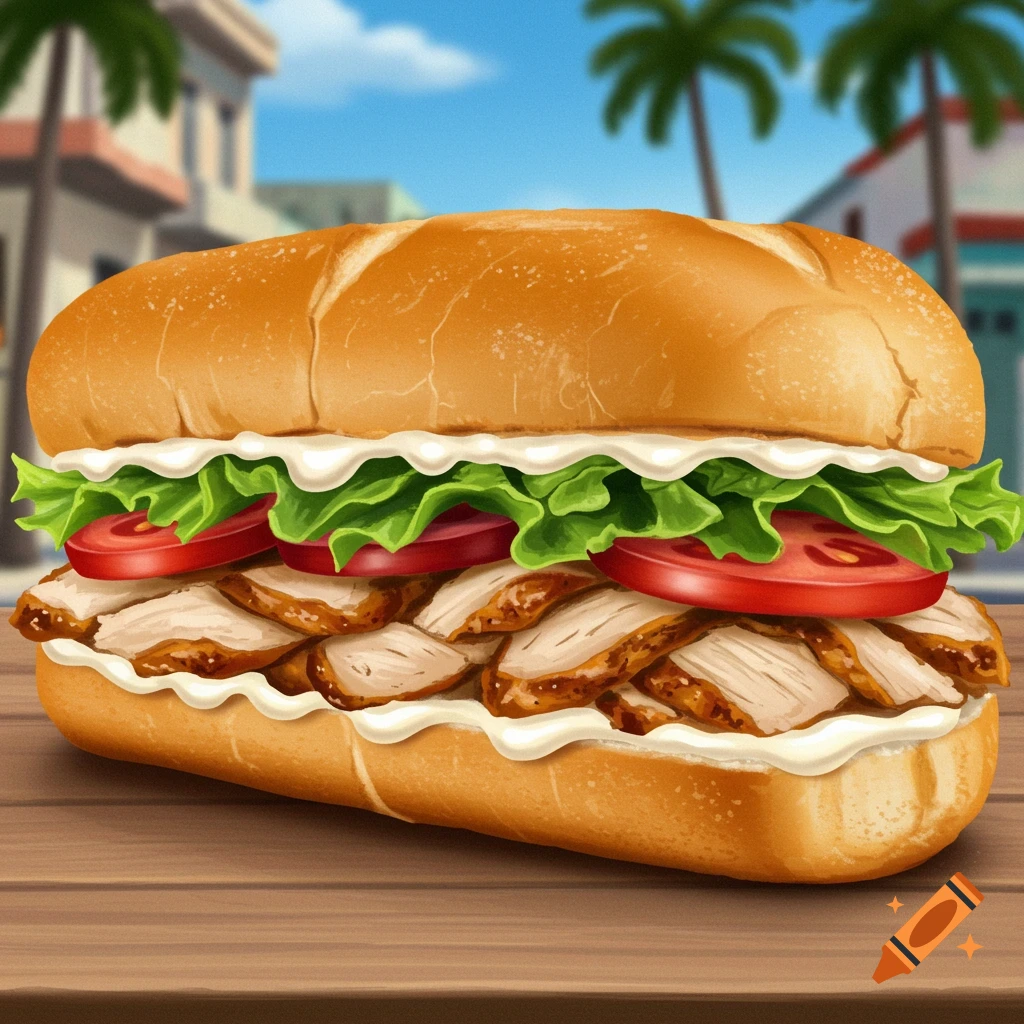 A Pan con Pollo sandwich with chicken, lettuce, tomato, and mayonnaise on a wooden table, with palm trees and buildings in the background.