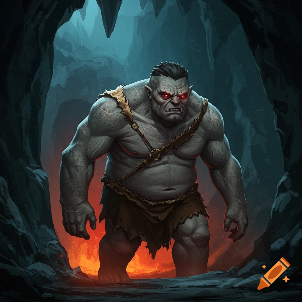 A grey monster with red eyes is standing in a cave entrance.