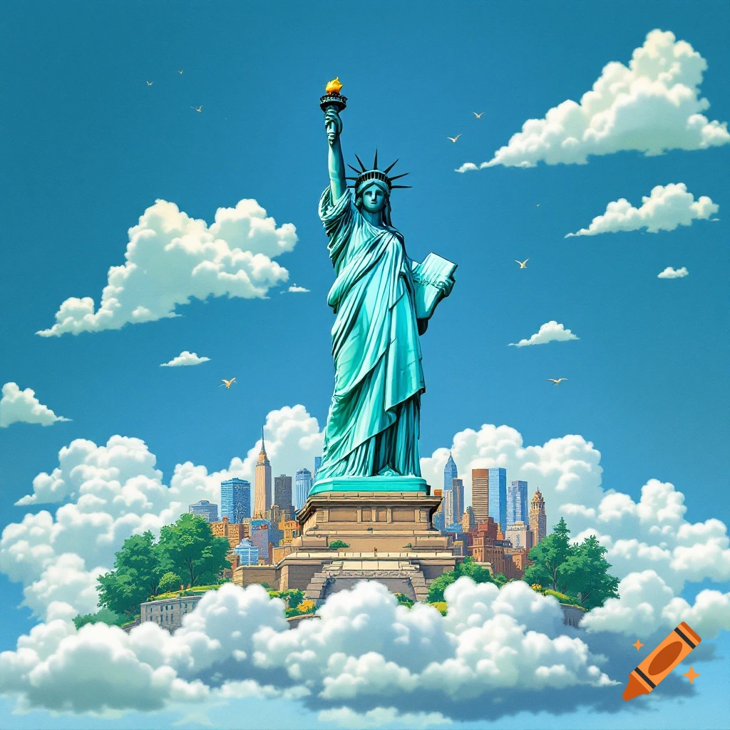 Statue of Liberty surrounded by clouds with the New York skyline behind it under a blue sky