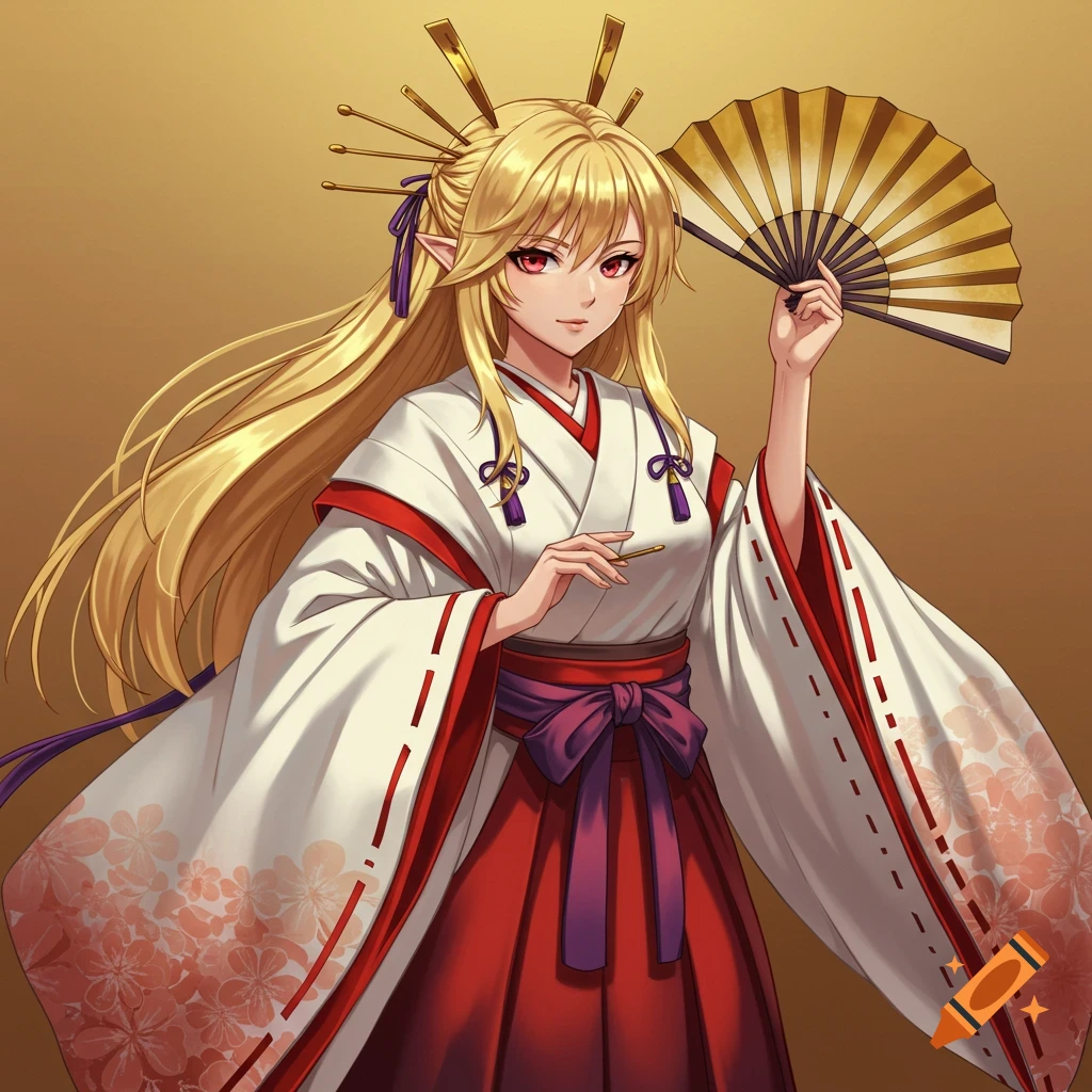 Anime shrine maiden with blonde hair, red eyes, wearing traditional Japanese attire, holding a fan.