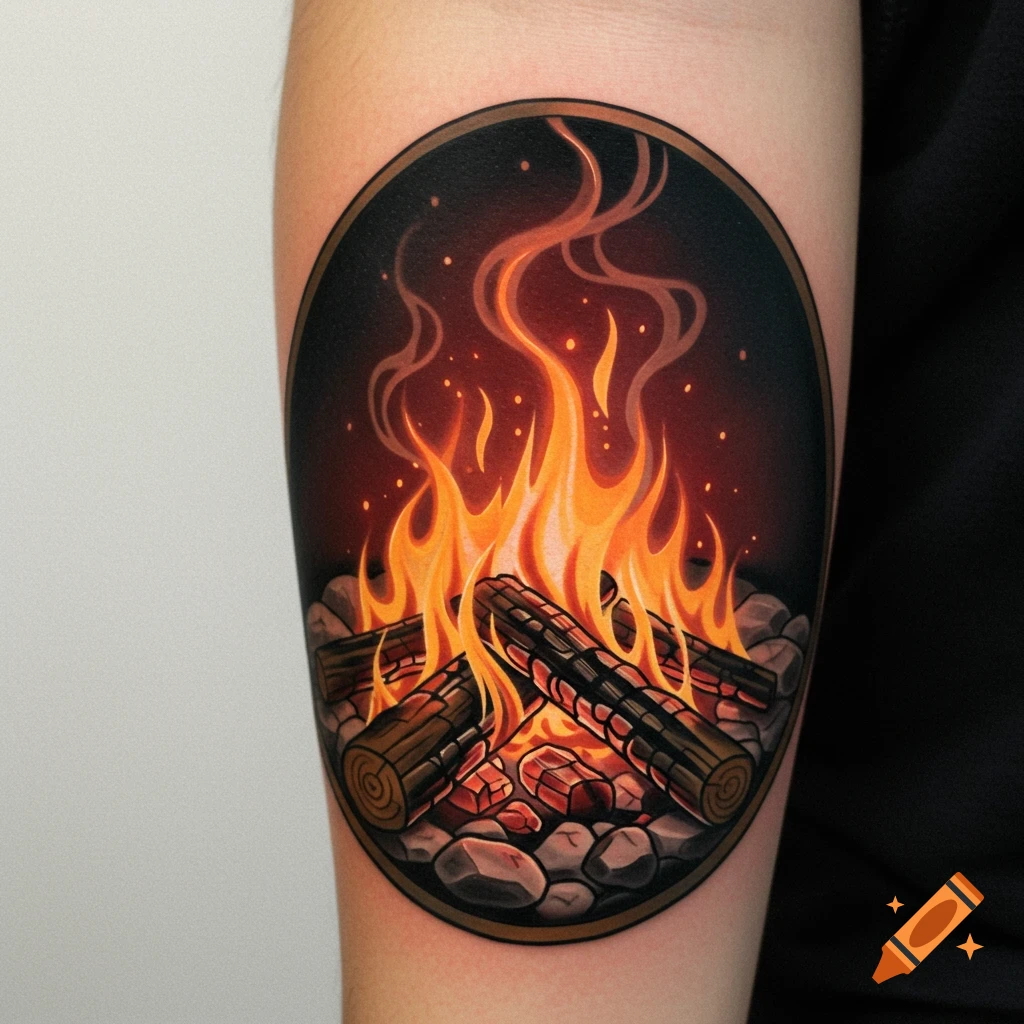 A stylized tattoo of a campfire with logs and rocks inside a circular frame.