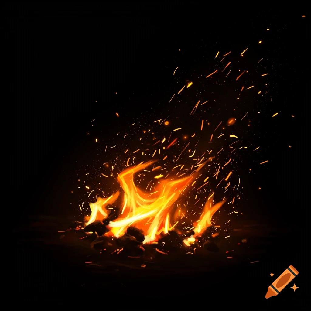 Bright orange flames and sparks on a black background.