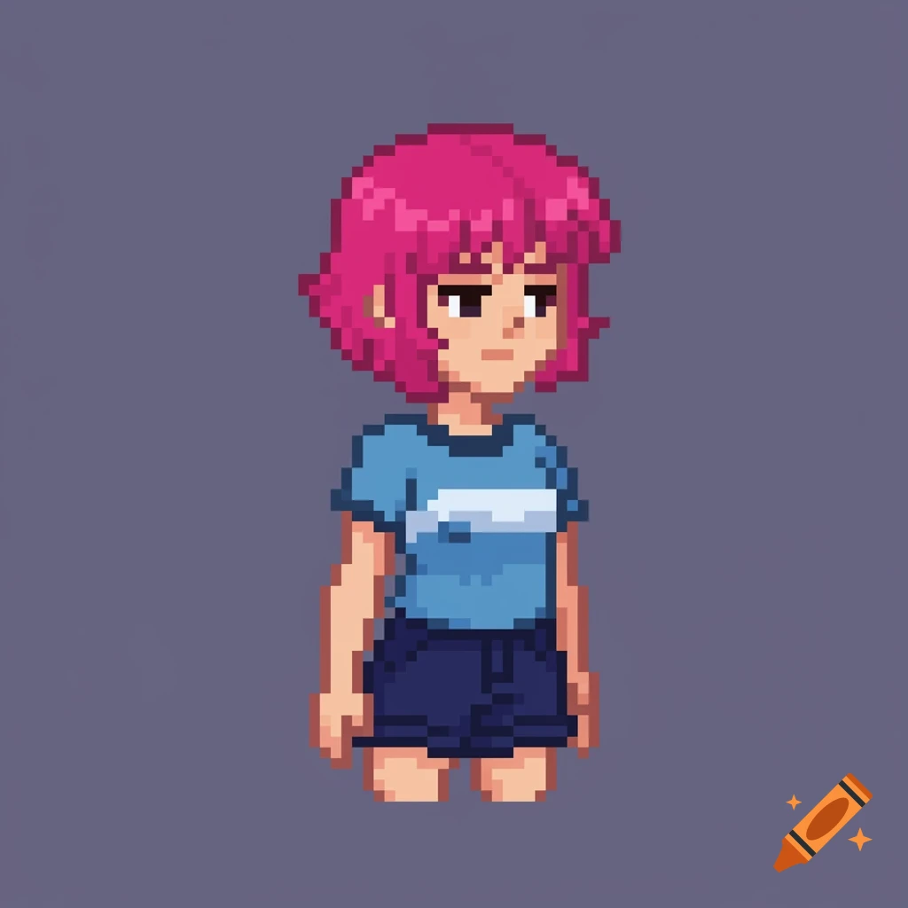 Pixel art character sprite of a young woman with pink hair, blue shirt, and shorts.