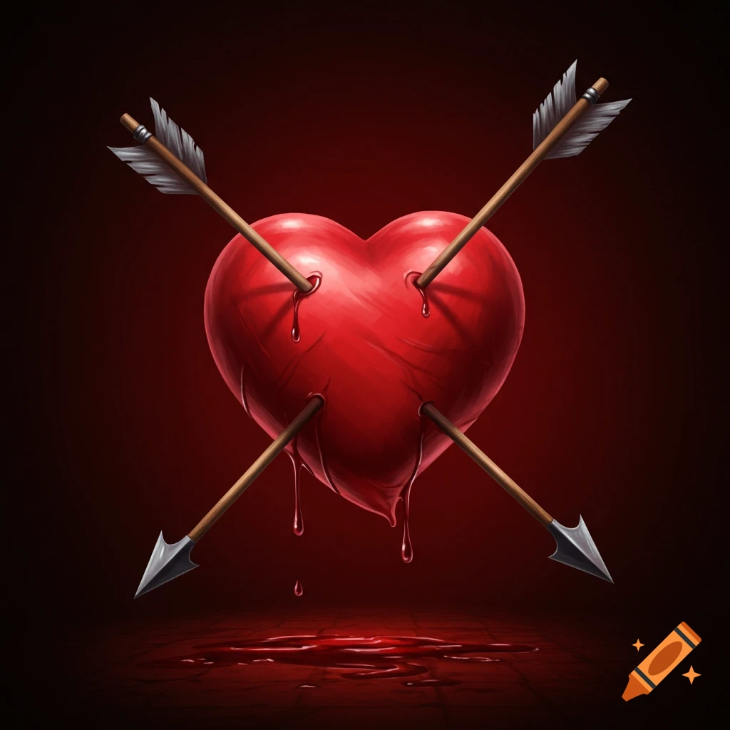 A bleeding red heart pierced by four arrows.