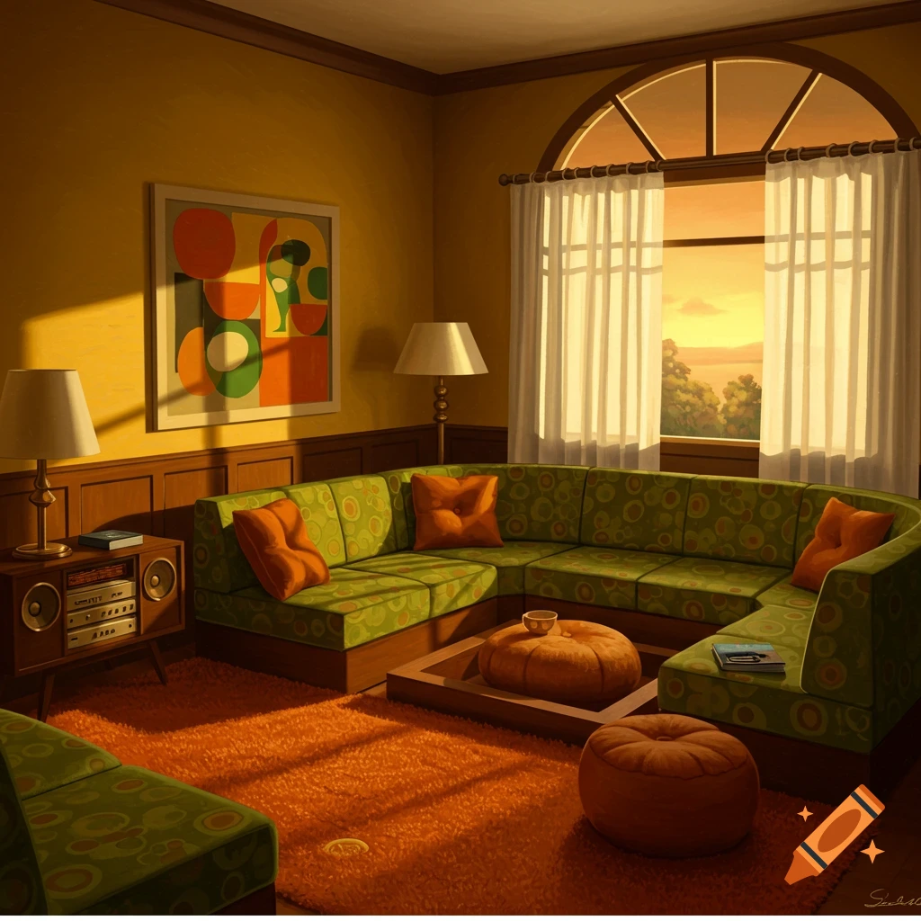 A 1960s living room with a green sectional sofa, orange shag rug, and a conversation pit.