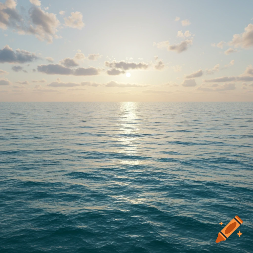 Photorealistic image of a sunset over the ocean with calm waves and clouds.