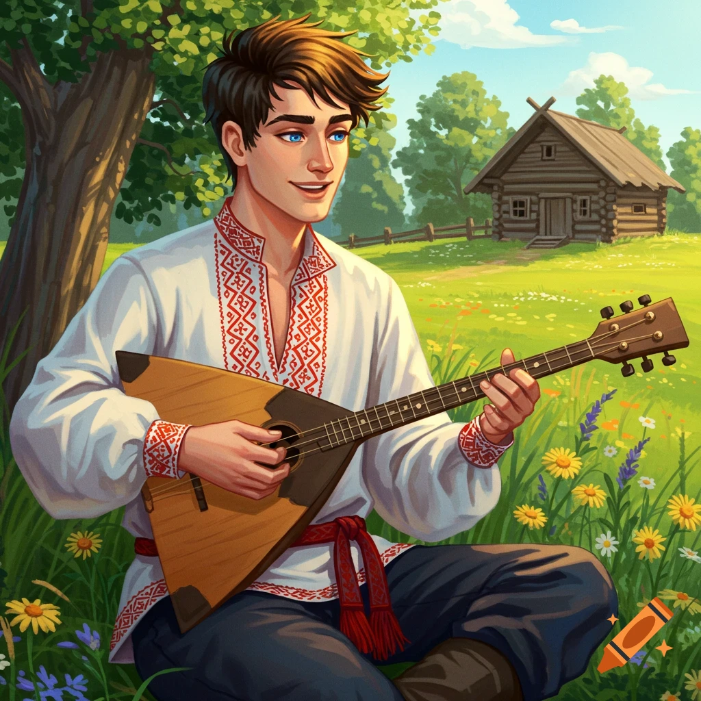 A young man in traditional clothing plays a balalaika in a field with a wooden house.