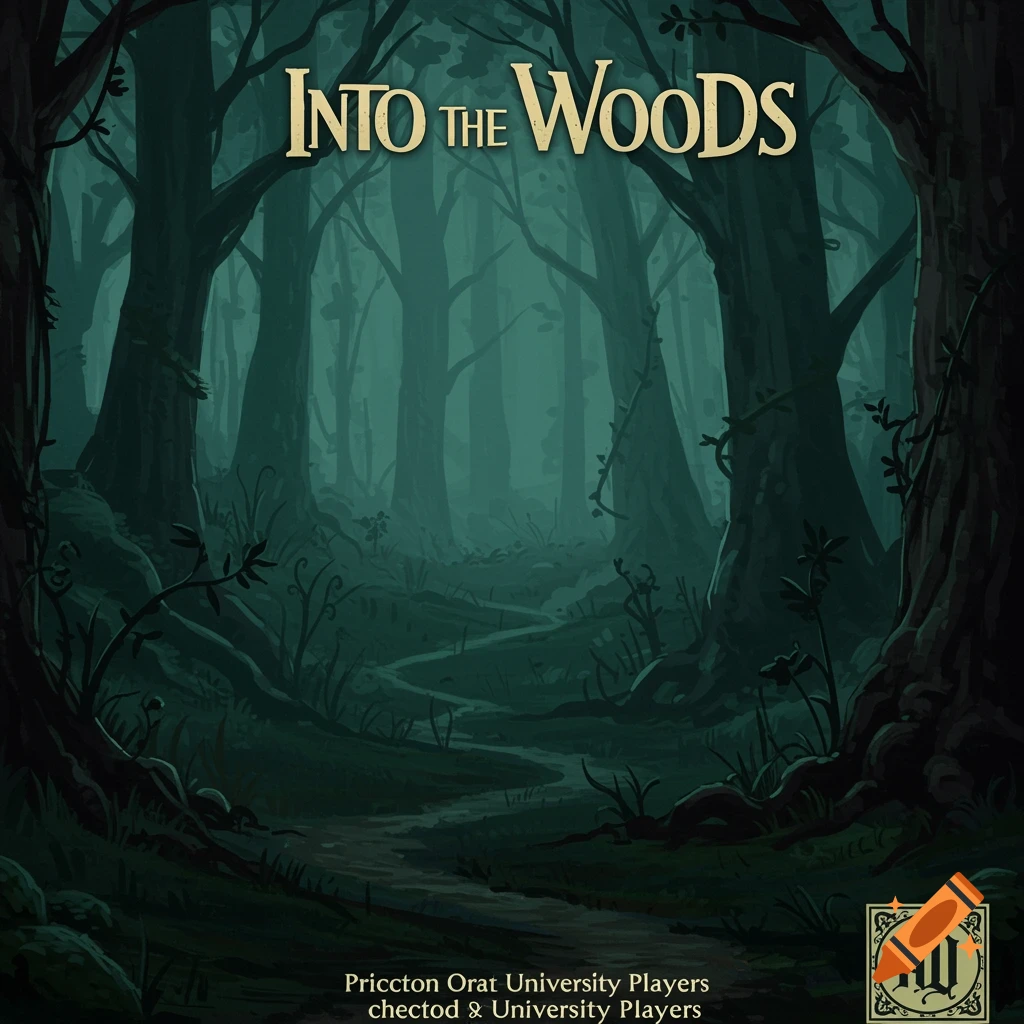 A dark, atmospheric image of a winding forest path through gnarled trees.