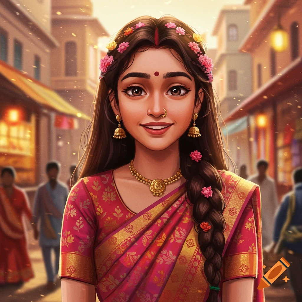 A smiling Indian woman in a pink sari with flowers in her hair is standing on a street
