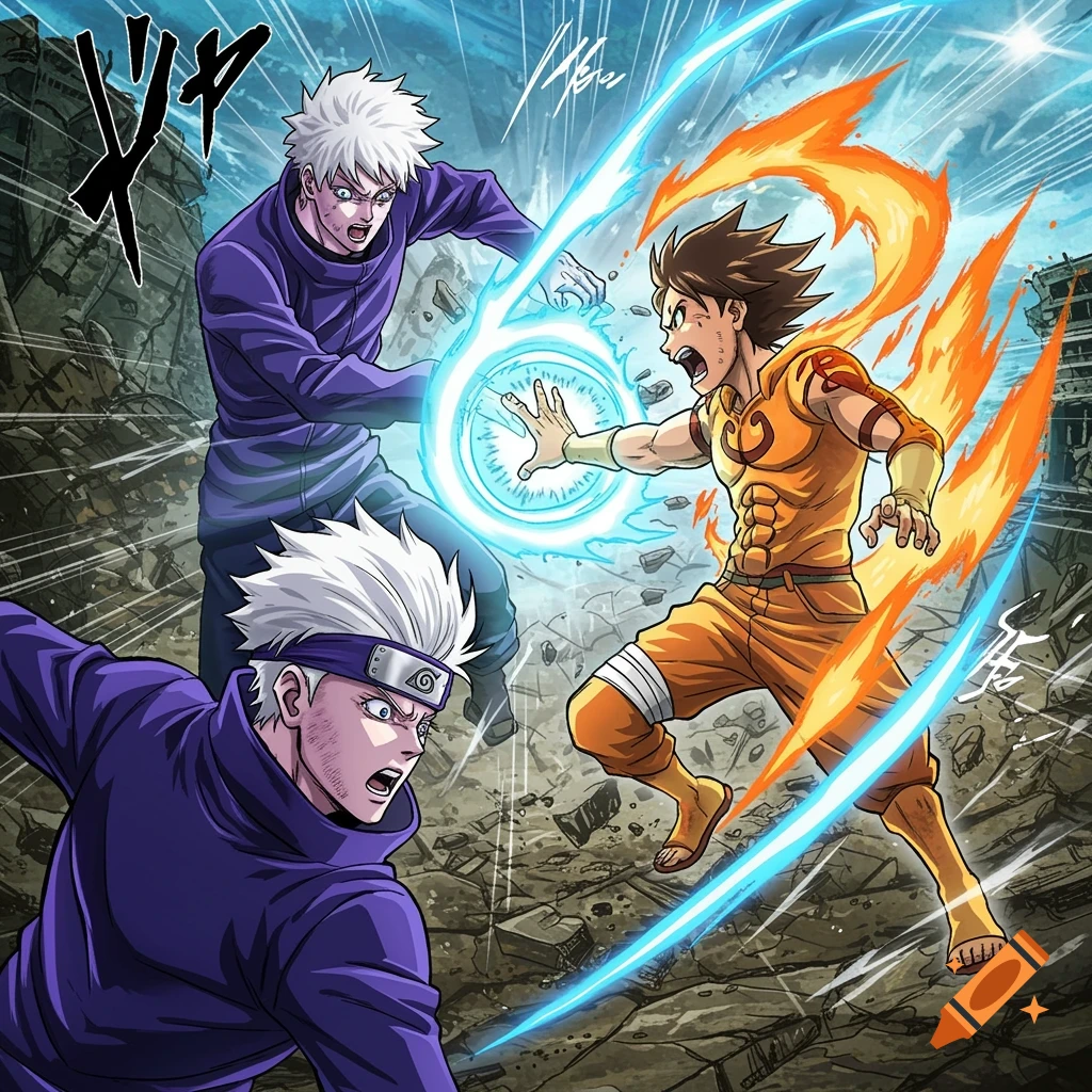 Anime battle between two characters with blue energy and fire effects in a ruined city.