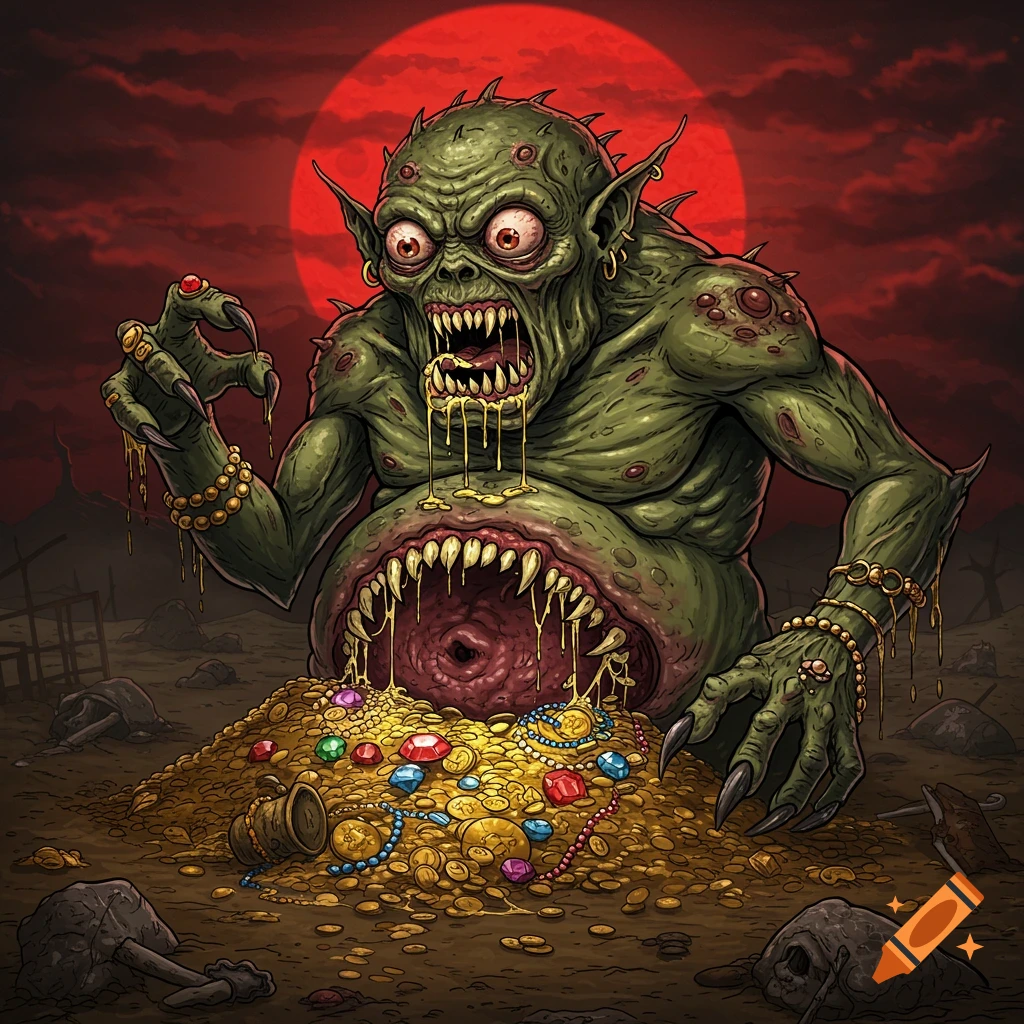 Grotesque green monster with gaping belly mouth, surrounded by gold and jewels under a red sky, detailed illustration.