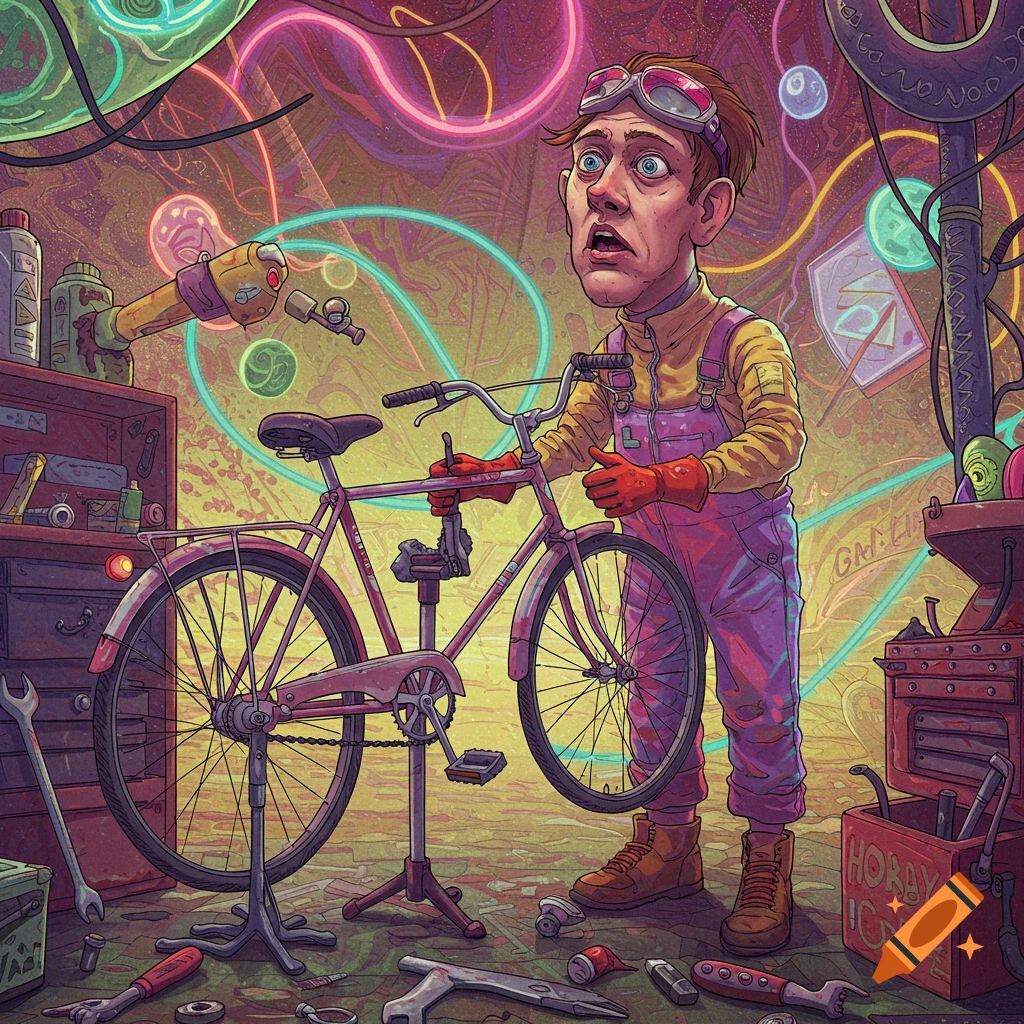 Illustration of a man with goggles working on a bicycle in a chaotic, surreal workshop filled with strange tools and neon lights.