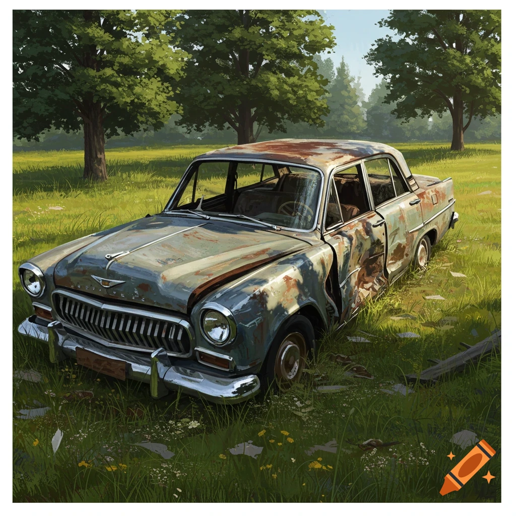A wrecked car in a grassy field with trees.