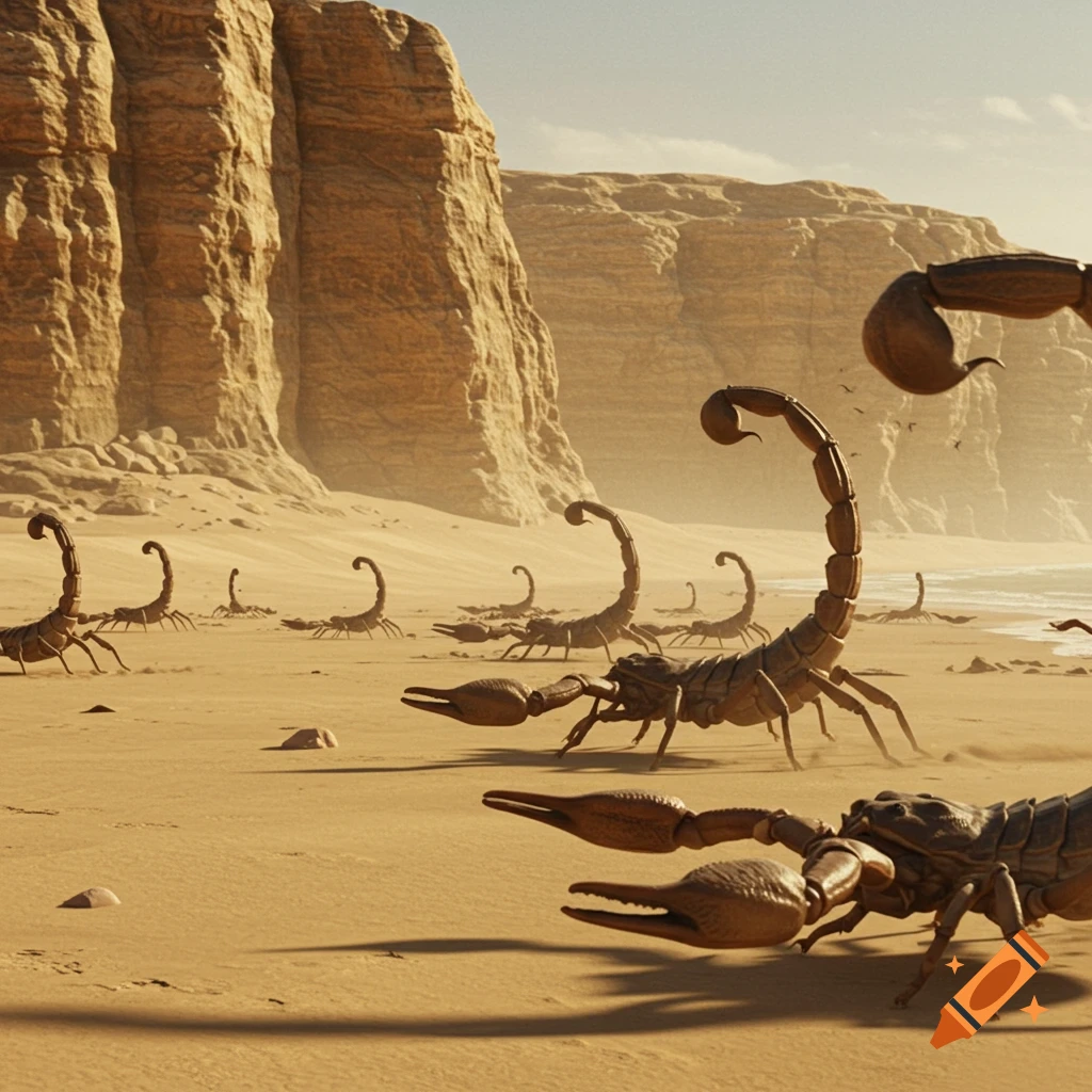 Multiple giant scorpions crawl across a sandy desert beach with cliffs in the background, in a documentary style.
