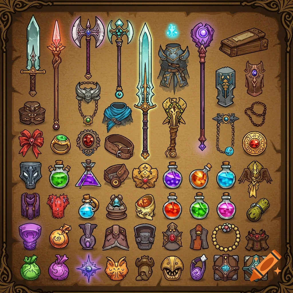 A collection of fantasy inventory items including weapons, armor, potions, and accessories.