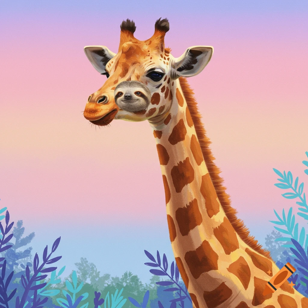 A giraffe with a sloth head against a colorful background with plants.