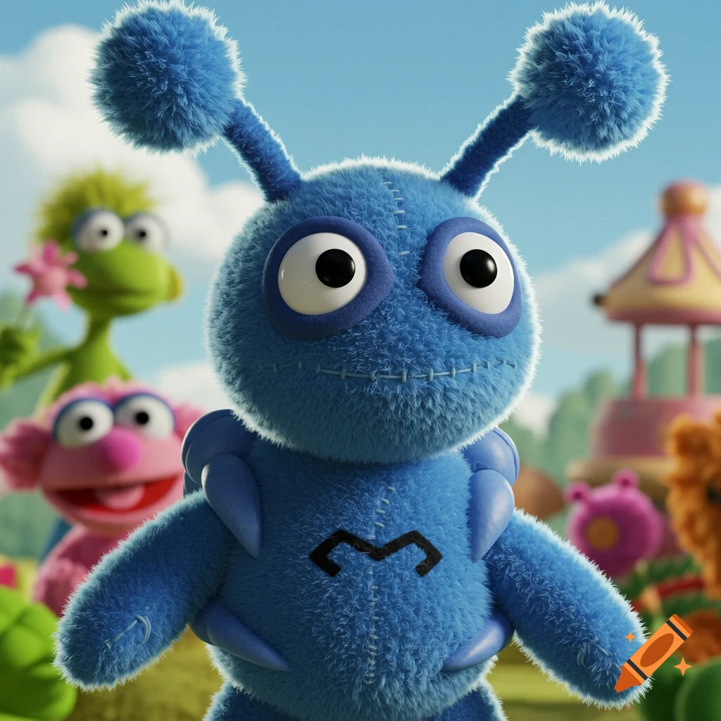 A blue muppet-like creature with large eyes and pompom antennae stands outdoors with other blurry muppet characters behind it.