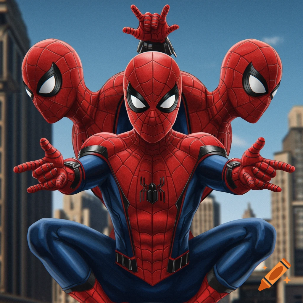 Three Spider-Man figures in red and blue suits pointing at each other against a city skyline.